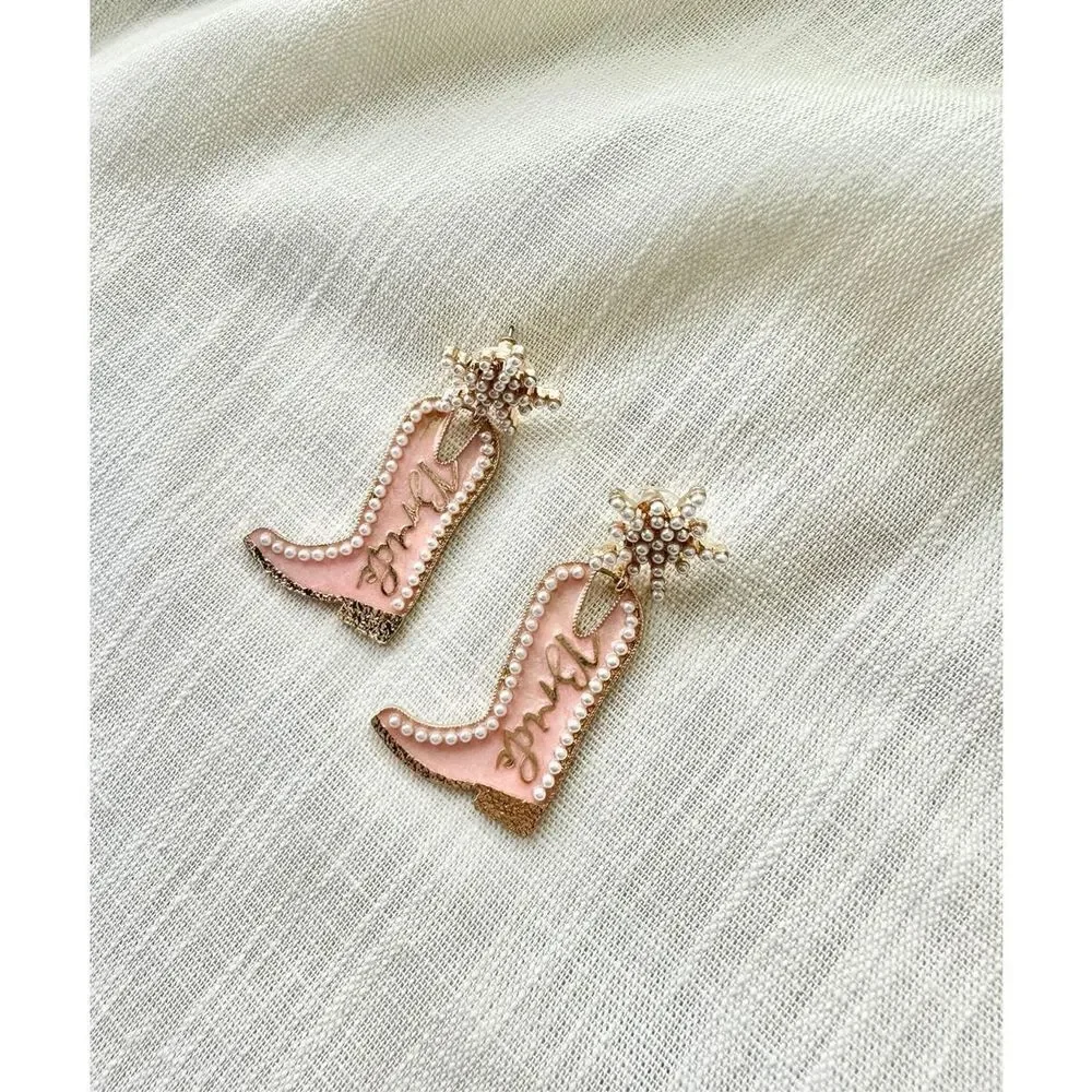 Bridal cowgirl boots with pearl dangle earrings pink - bride earrings